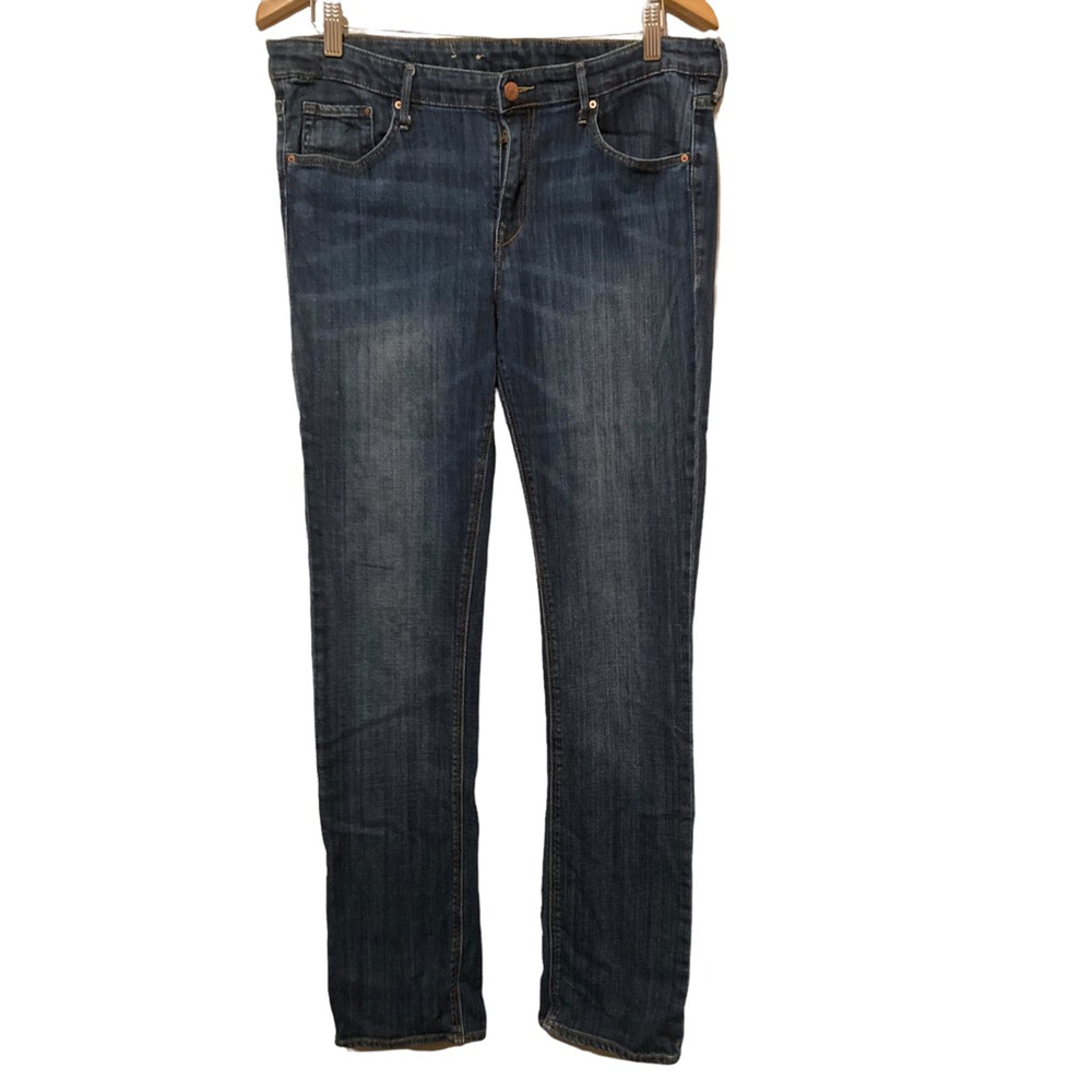 H&M Womens Straight Leg Jeans Blue Stretch‎ Whiskered Medium Wash Mid Rise 33x34